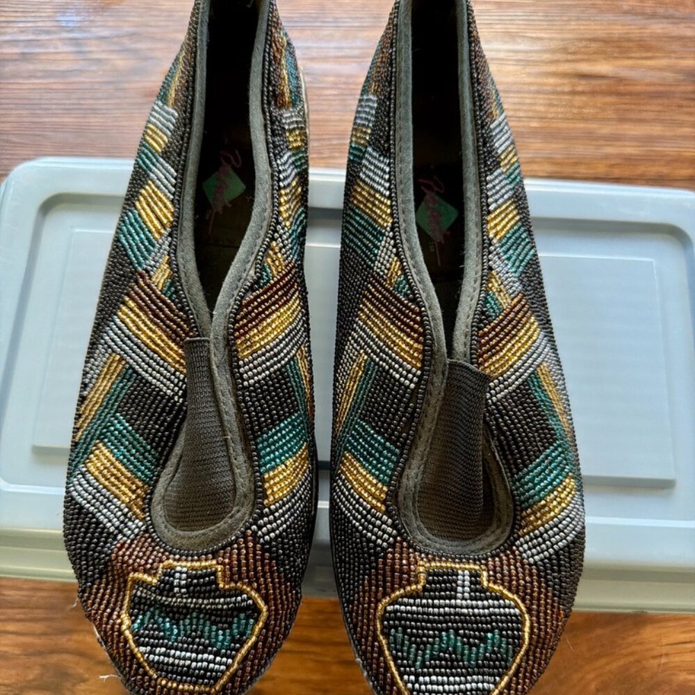Vintage Beadz Beaded Flats Size 7 Multicolor Tribal Boho Slip-On Shoes